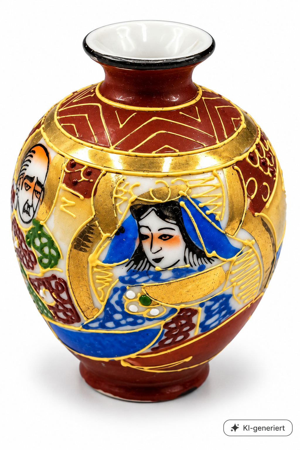 Japan Satsuma Vase Miniatur Porzellan Geisha Golddekor Handbemalt Vintage