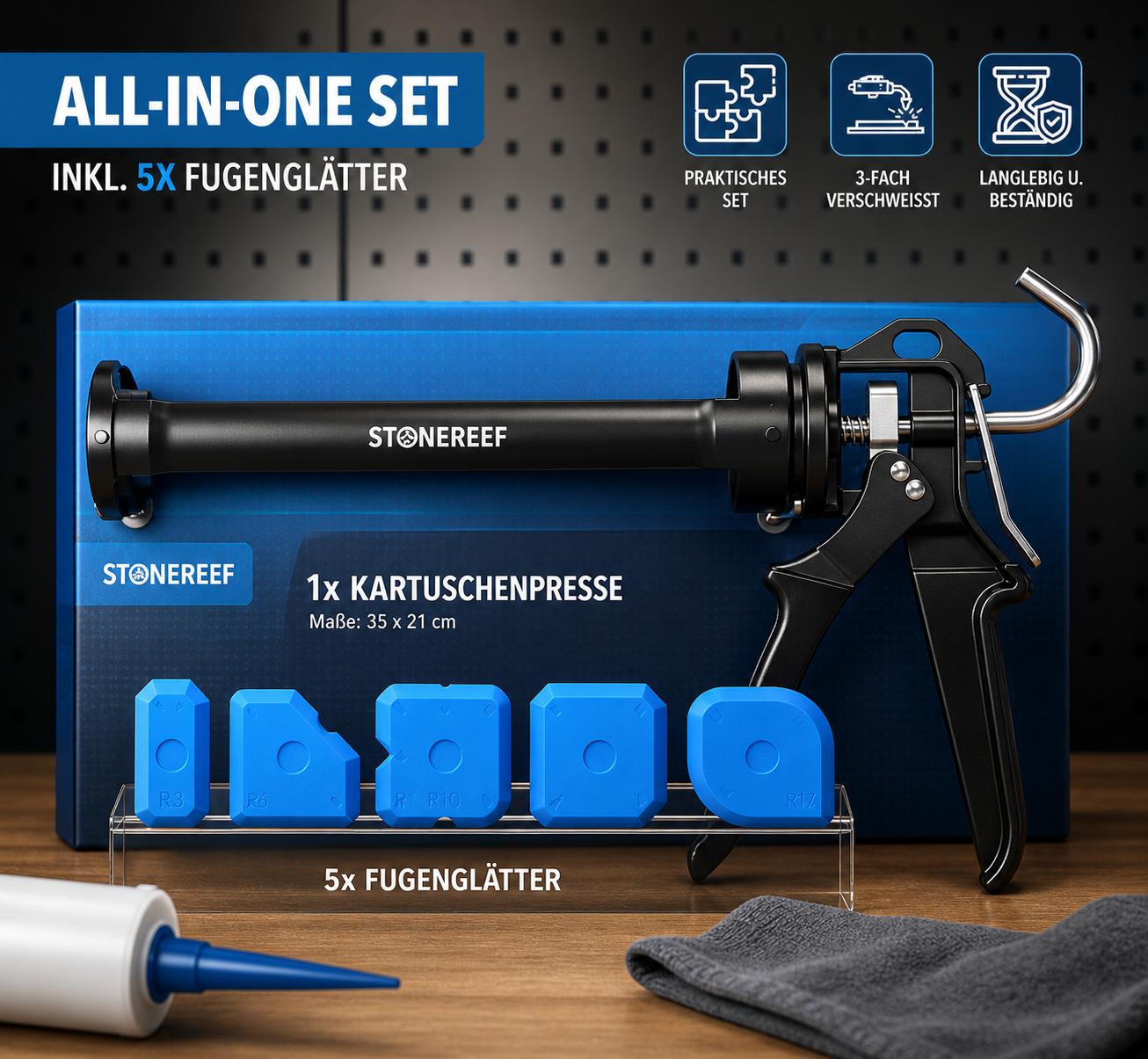 Kartuschenpistole 9 Zoll Set inkl 5 Fugenglätter Silikonpresse Metall