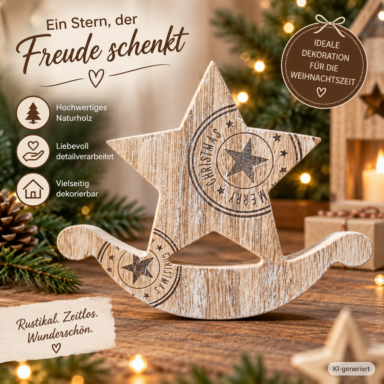 O'Malley Weihnachtsdeko Holz Stern Schaukelstern 18x15cm Vintage Christmas HA21