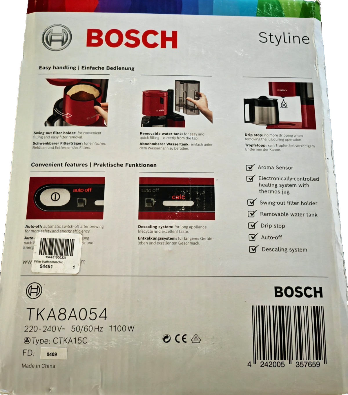 Bosch Styline TKA8A054 Kaffeemaschine Thermokanne 1,1L 1100W Rot Kaffee B-03