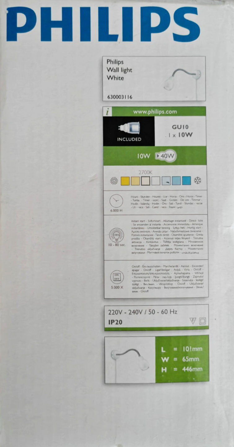 Philips Wall Light Wandleuchte Leselampe Weiß GU10 10W Flexarm 630003116 HA35
