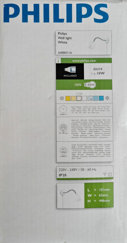 Philips Wall Light Wandleuchte Leselampe Weiß GU10 10W Flexarm 630003116 HA35
