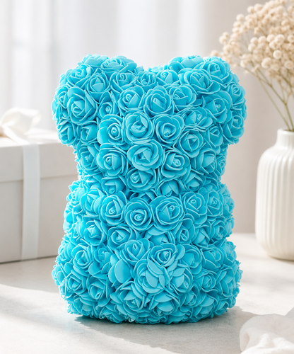 Brandsseller Rosenbär 25x16 cm Kunstblumen Teddybär Blau Geschenk