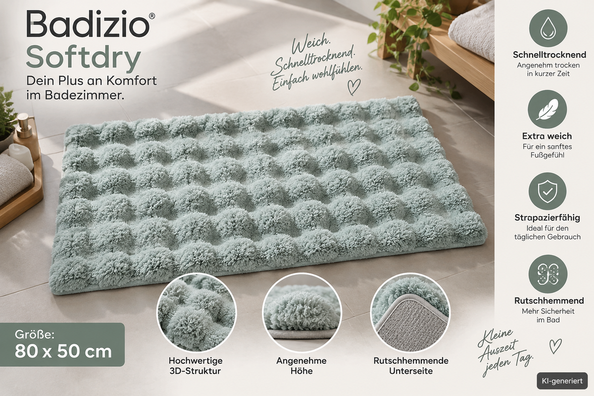 BADIZIO Softdry Badvorleger 50x80cm Pastellgrün 3D Bubbles Hochflor D8