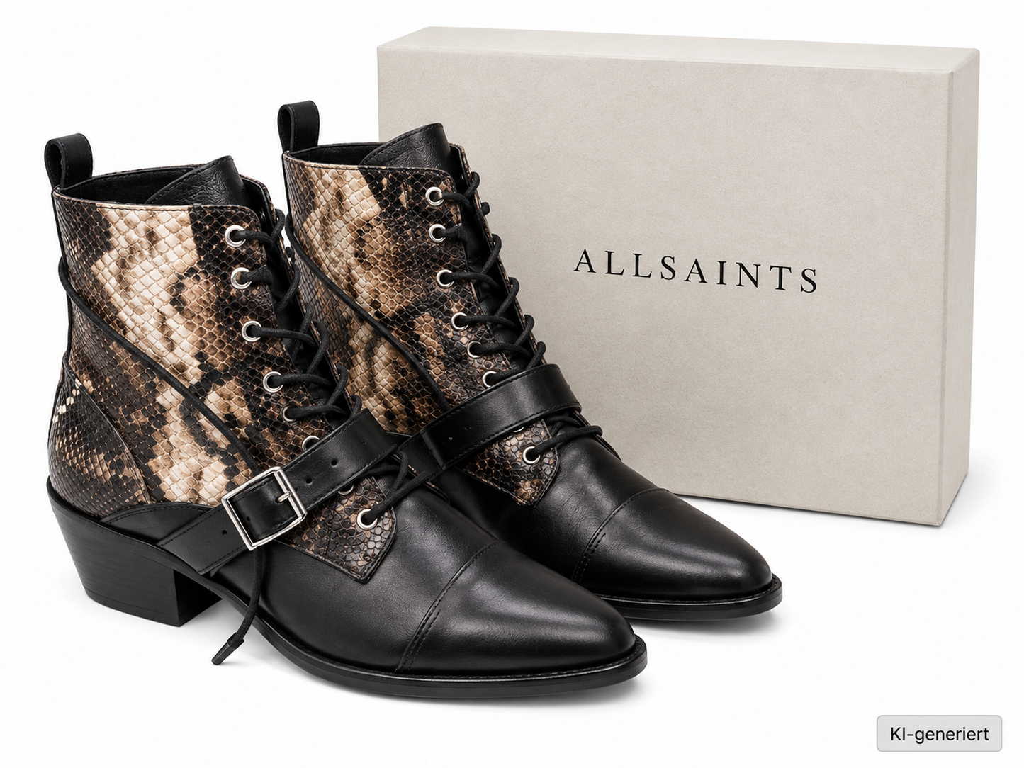 AllSaints Katy Lace Up Boots Damen Leder Snake Schwarz Stiefeletten Gr. 38 G1