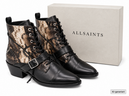 AllSaints Katy Lace Up Boots Damen Leder Snake Schwarz Stiefeletten Gr. 38 G1