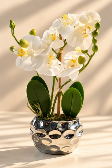 Künstliche Orchidee Weiß im Silbertopf 33 cm Kunstblume Phalaenopsis E7