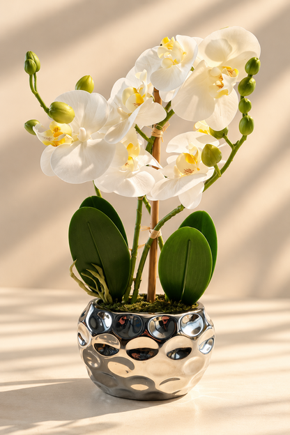 Künstliche Orchidee Weiß im Silbertopf 33 cm Kunstblume Phalaenopsis E7