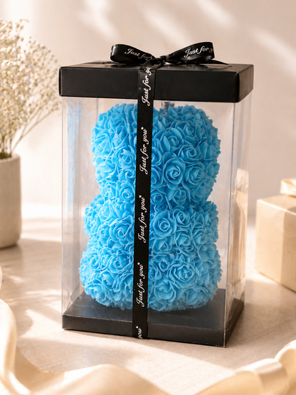 Brandsseller Rosenbär 25x16 cm Kunstblumen Teddybär Blau Geschenk