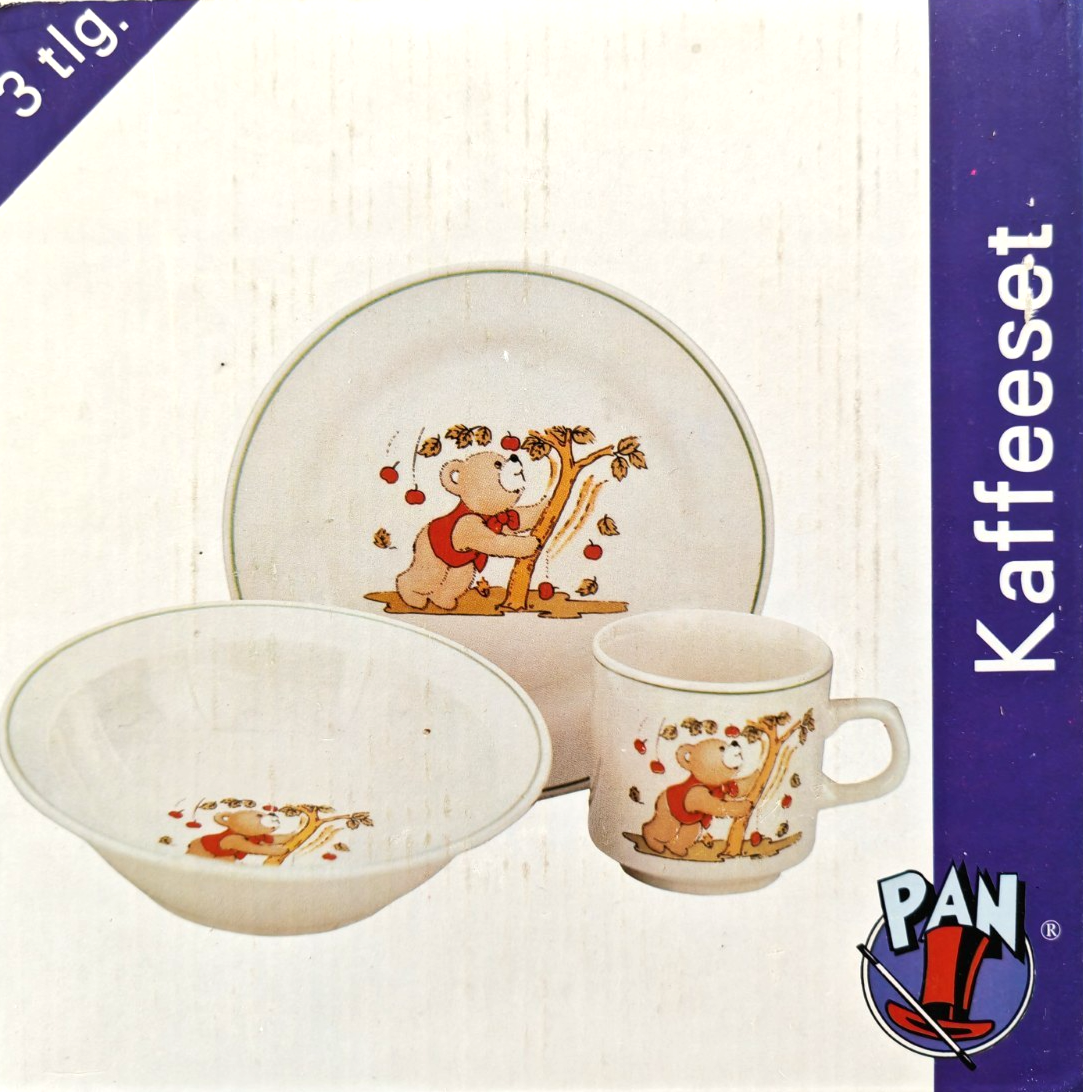 PAN Kinder Kaffeeset 3tlg Bär Apfel Motiv Tasse Teller Schale Vintage Retro D6