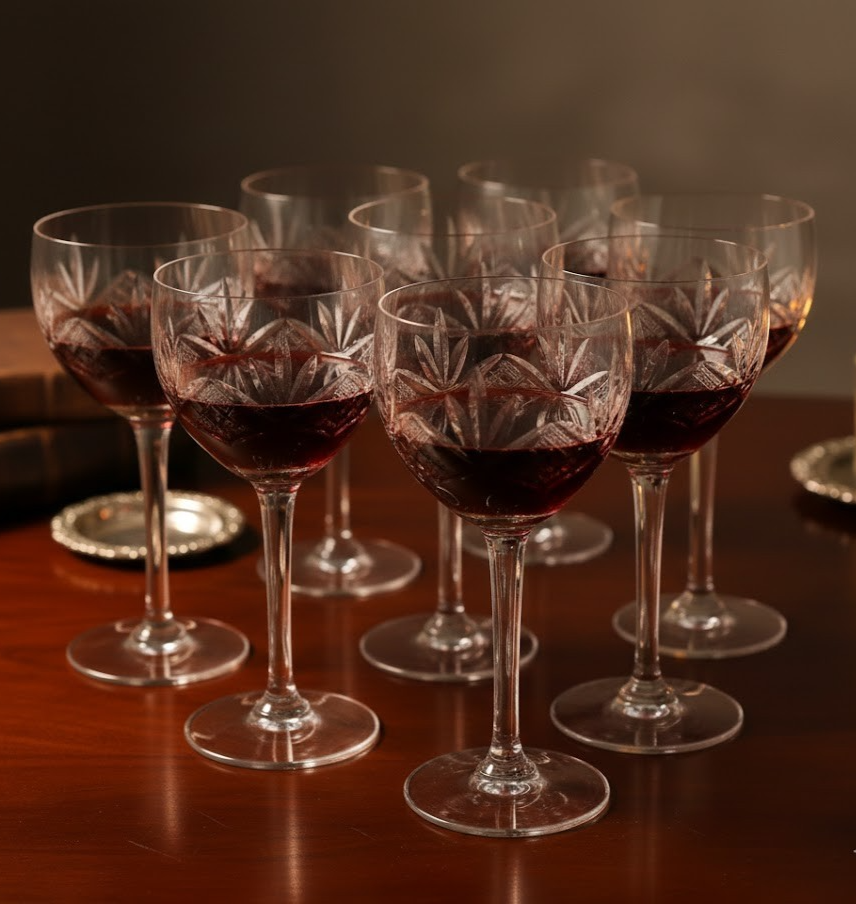 9 Weingläser Kristallglas geschliffen Vintage Weinkelche mit Schliffdekor