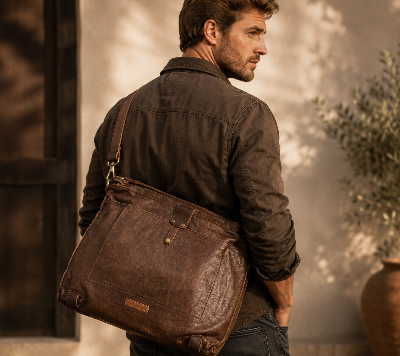 Desiderius Basic Faustus Herren Tasche Dark Brown Leder Handtasche