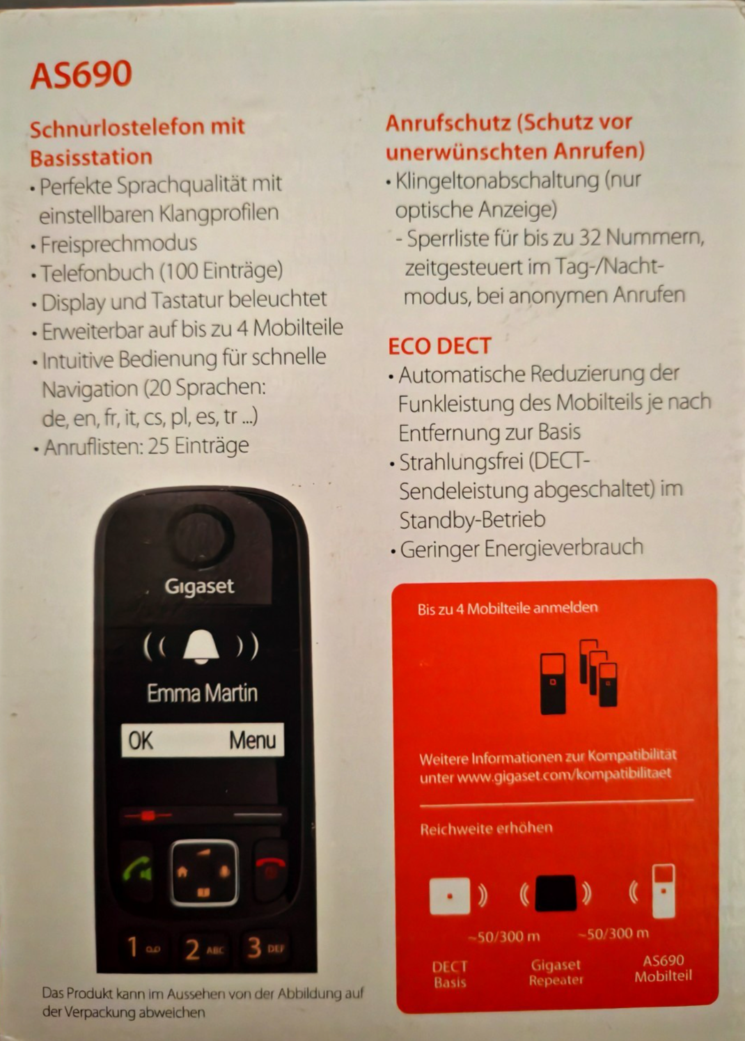 Gigaset AS690 DECT Schnurlostelefon Schwarz Großes Display Freisprechen Tel A8