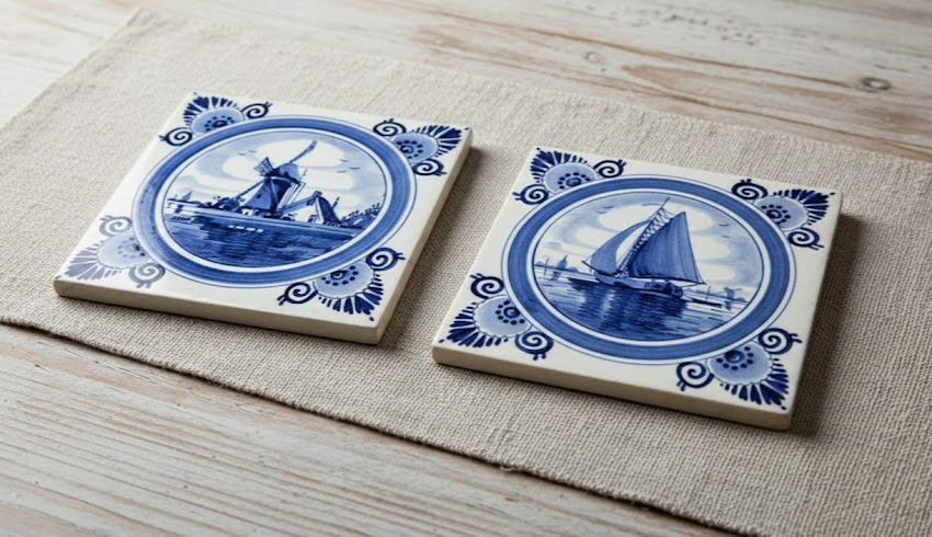 Delfts Holland 2 Fliesen 15 cm Blau Weiß Windmühle Segelboot Untersetzer