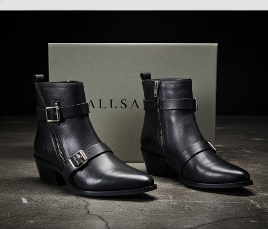 AllSaints Lior Damen Stiefeletten Leder Schwarz Zip Boots Schnallen Gr. 39 G1