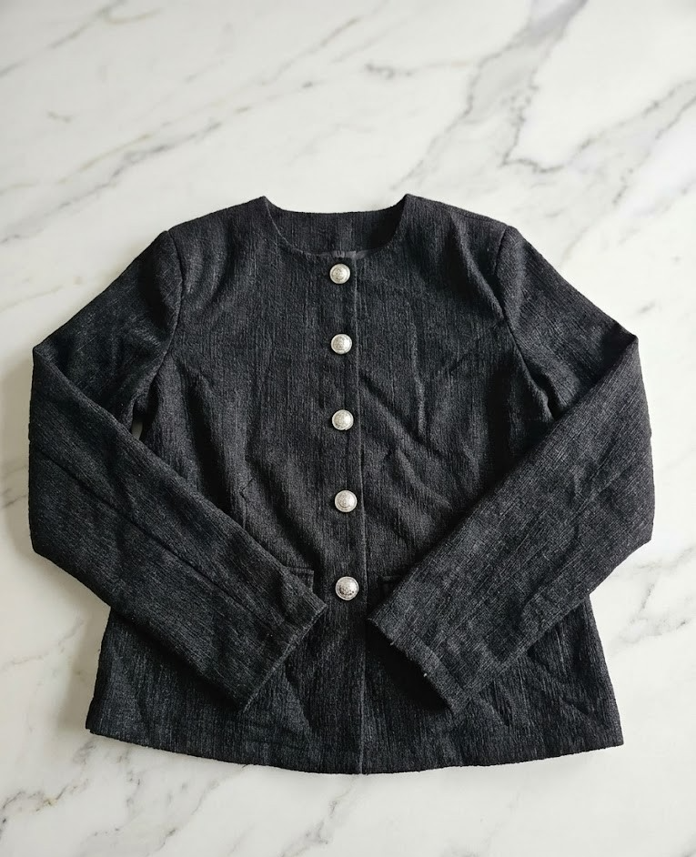 KIM & CO Jacke Langarm Bouclé Jersey Schwarz Silber Knöpfe Gr. S Damen