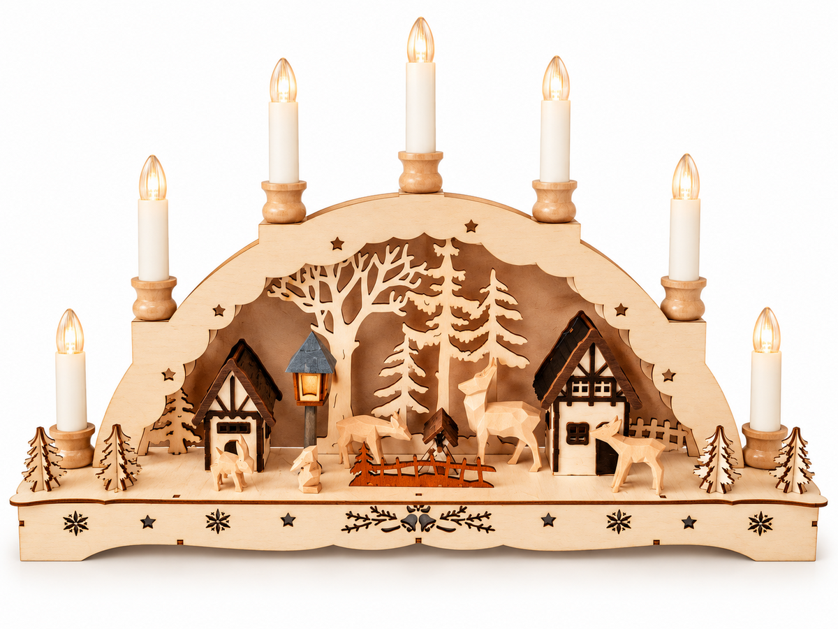 LED Schwibbogen Holz 7 Kerzen Weihnachtsdorf Rentier Wald Lichterbogen HA31