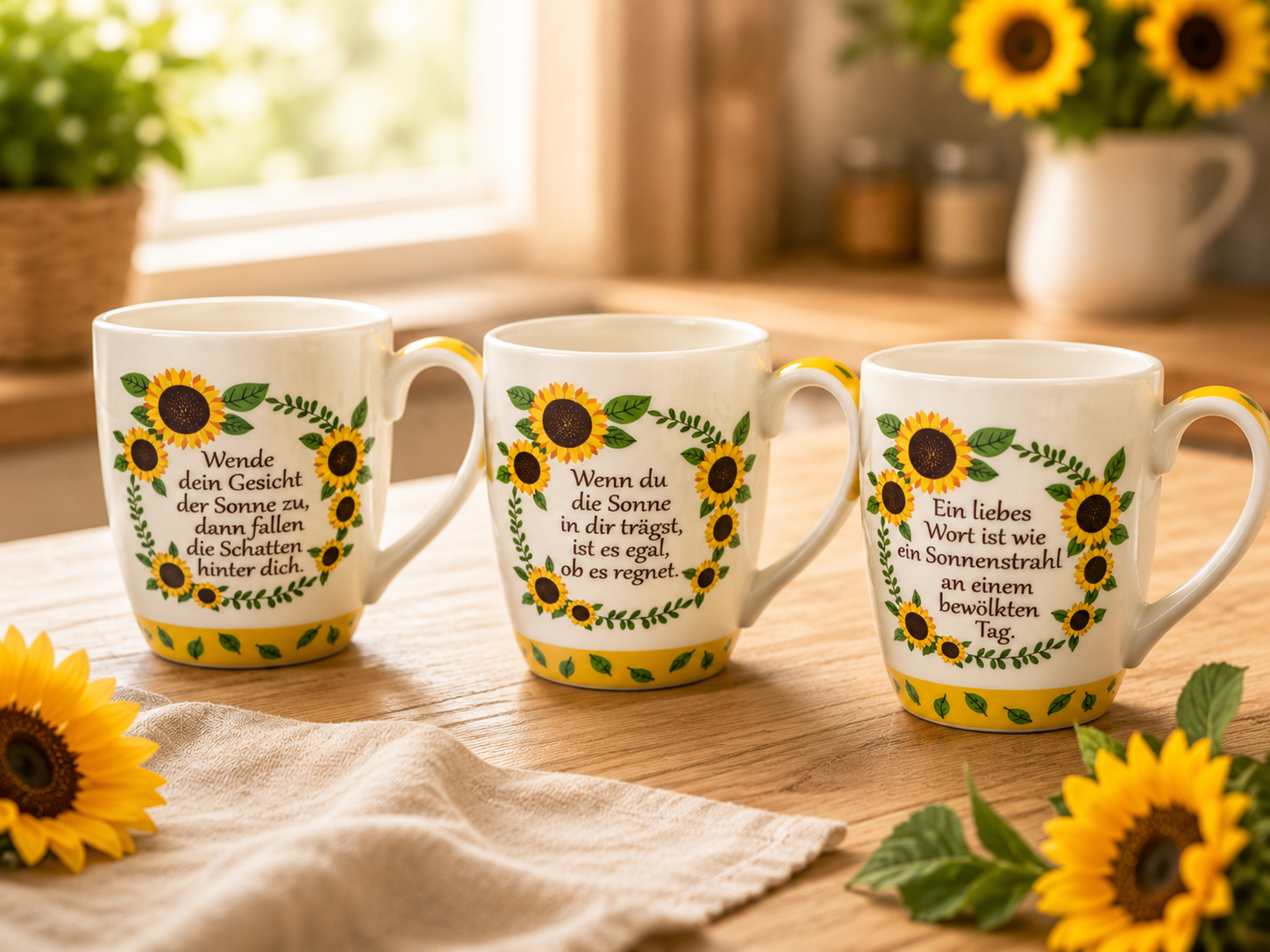 Tassen Sonnenblumen 3er Set Sprüche Modern Geschenk Tassenset Kaffee