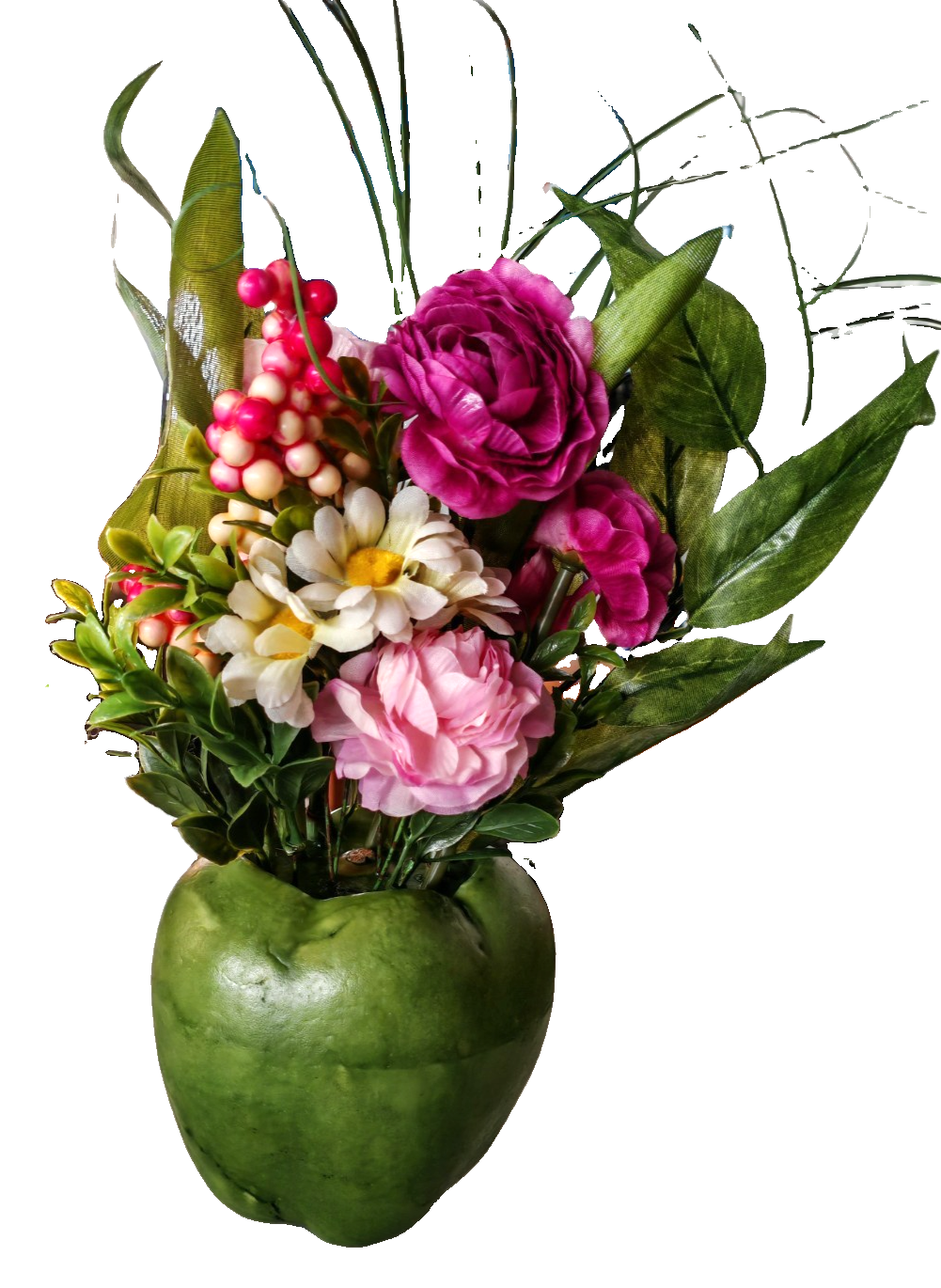 Kunstblumen Gesteck im grünen Apfel Rosen Pink Rosa Tischdeko 30 cm E7