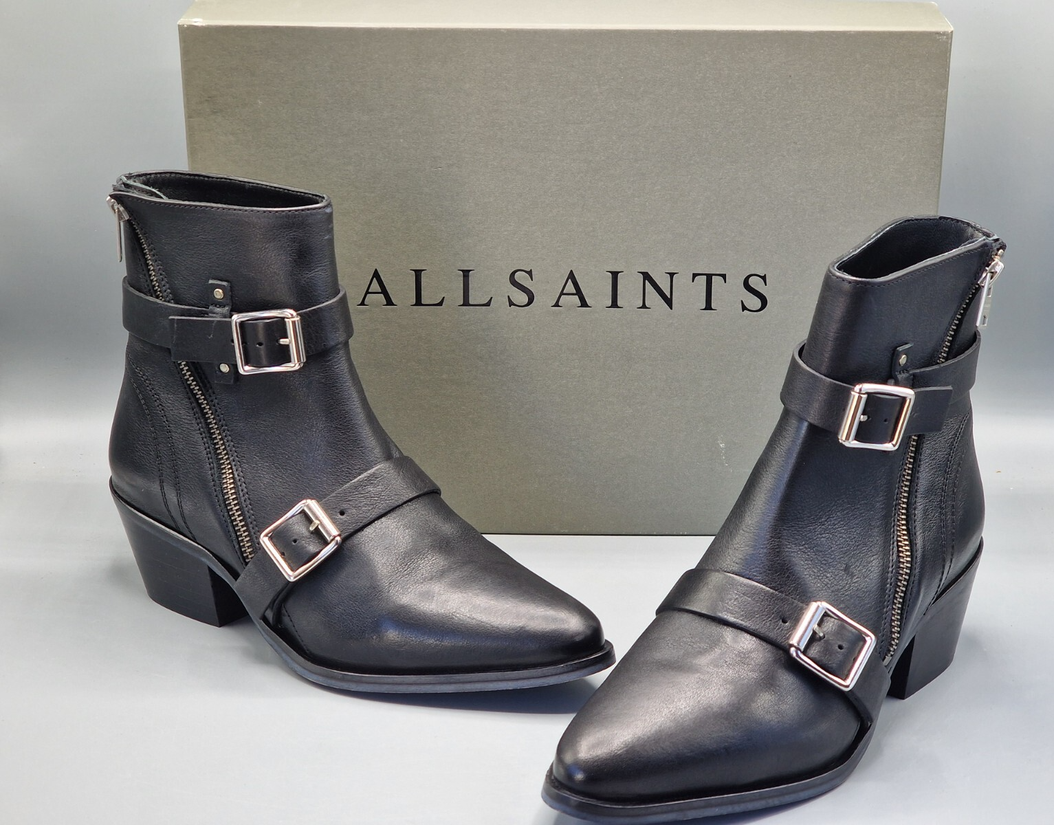 AllSaints Lior Damen Stiefeletten Leder Schwarz Zip Boots Schnallen Gr. 39 G1