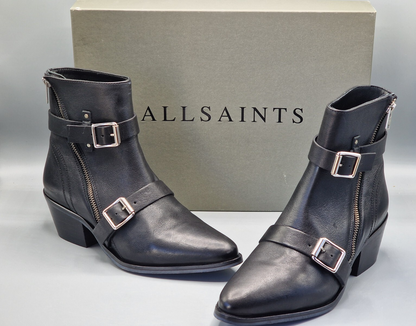AllSaints Lior Damen Stiefeletten Leder Schwarz Zip Boots Schnallen Gr. 39 G1