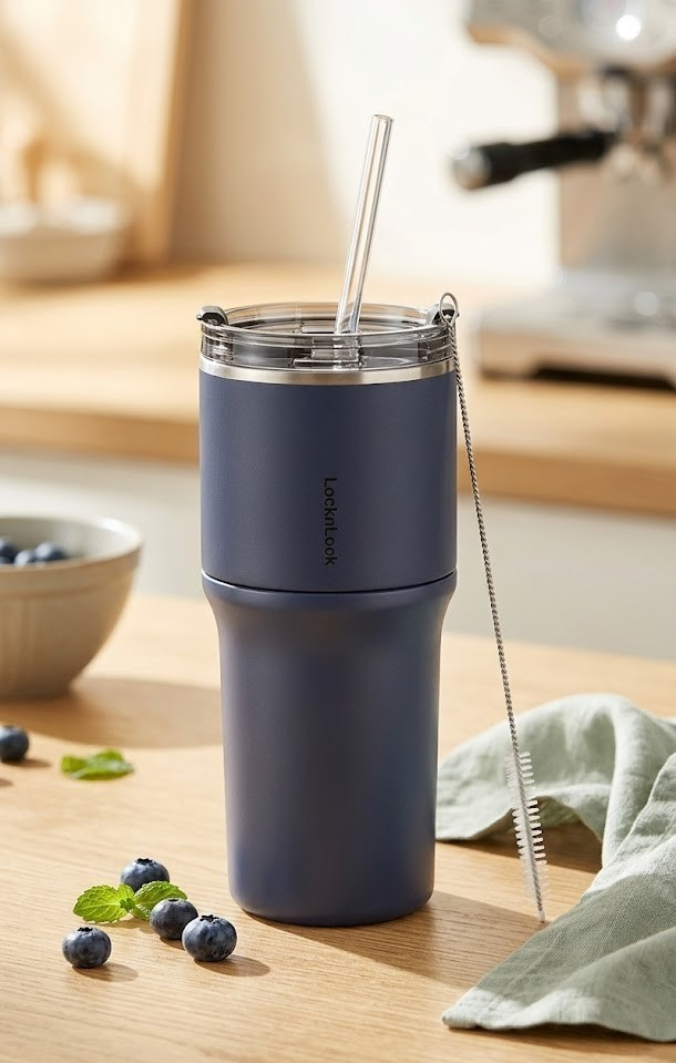 LocknLock Thermobecher aus Edelstahl Trinkhalm Tritan™ 650 ml Navy