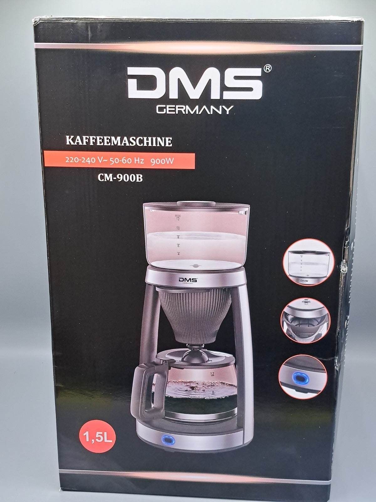 DMS CM-900B Filter Kaffeemaschine, Glaskanne 12 Tassen, Edelstahl, Aromafunktion