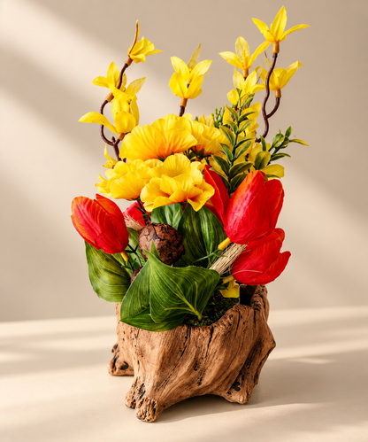 Kunstblumen Gesteck 25 cm Gelb Rot Frühlingsdeko Tulpen Narzissen Tischdeko B3