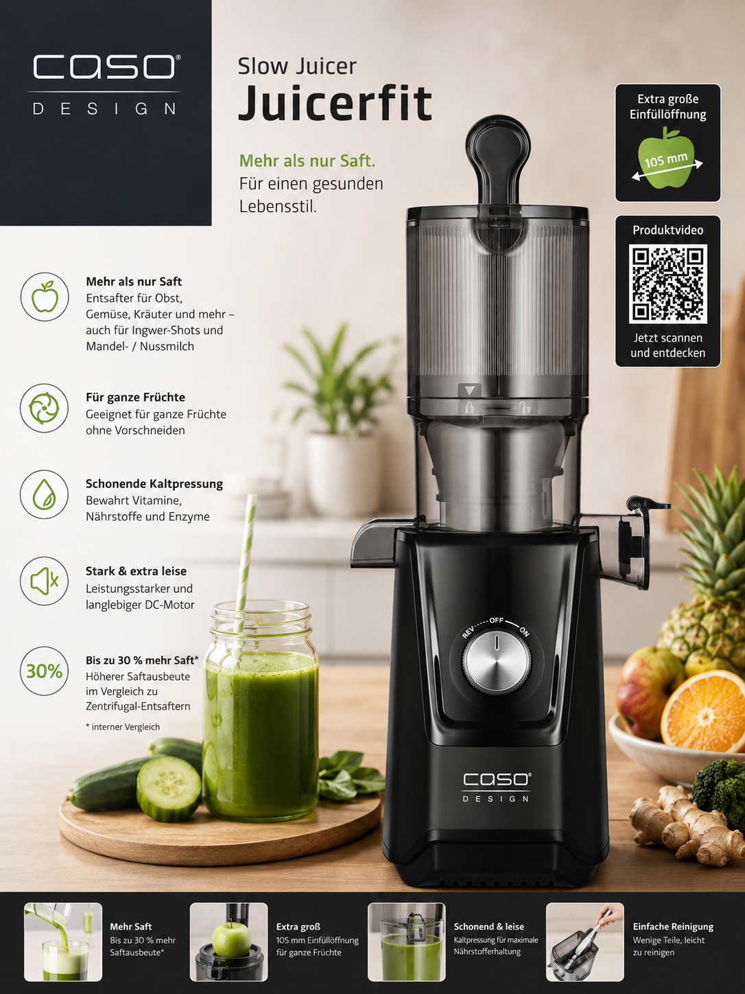 CASO Juice Fit Slow Juicer Entsafter 40 U/min 105mm XL Einfüllöffnung Saft C5