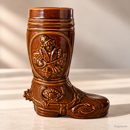 Vintage Bierstiefel Keramik Braun Relief Musikant Bierkrug Stiefel ca. 15 cm B5