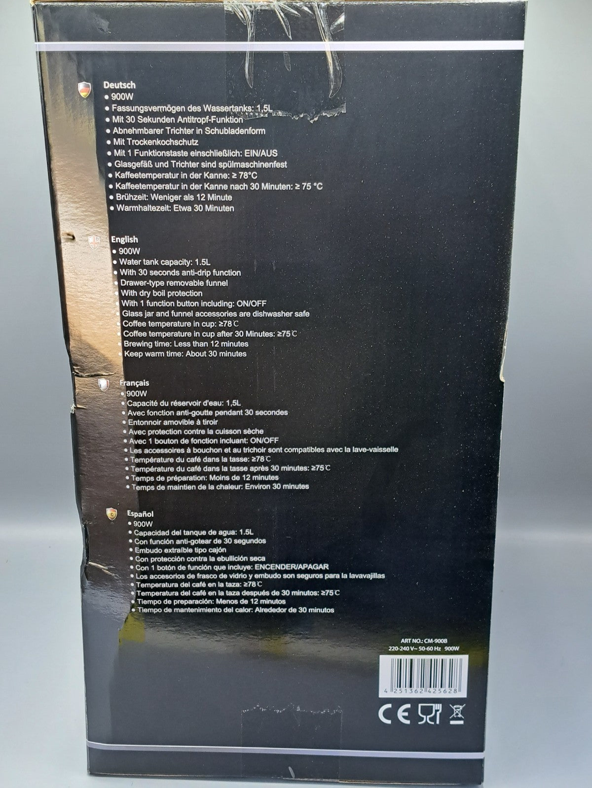 DMS CM-900B Filter Kaffeemaschine, Glaskanne 12 Tassen, Edelstahl, Aromafunktion