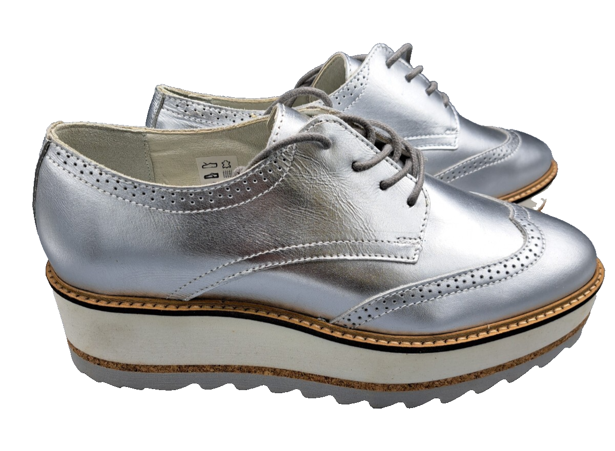 Bullboxer Damen Plateau Schnürschuhe Gr. 40 Silber Metallic Halbschuhe Brogue G2