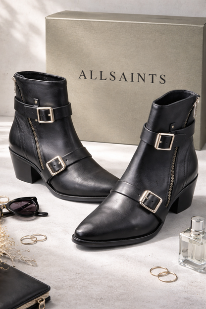 AllSaints Lior Damen Stiefeletten Leder Schwarz Zip Boots Schnallen Gr. 39 G1