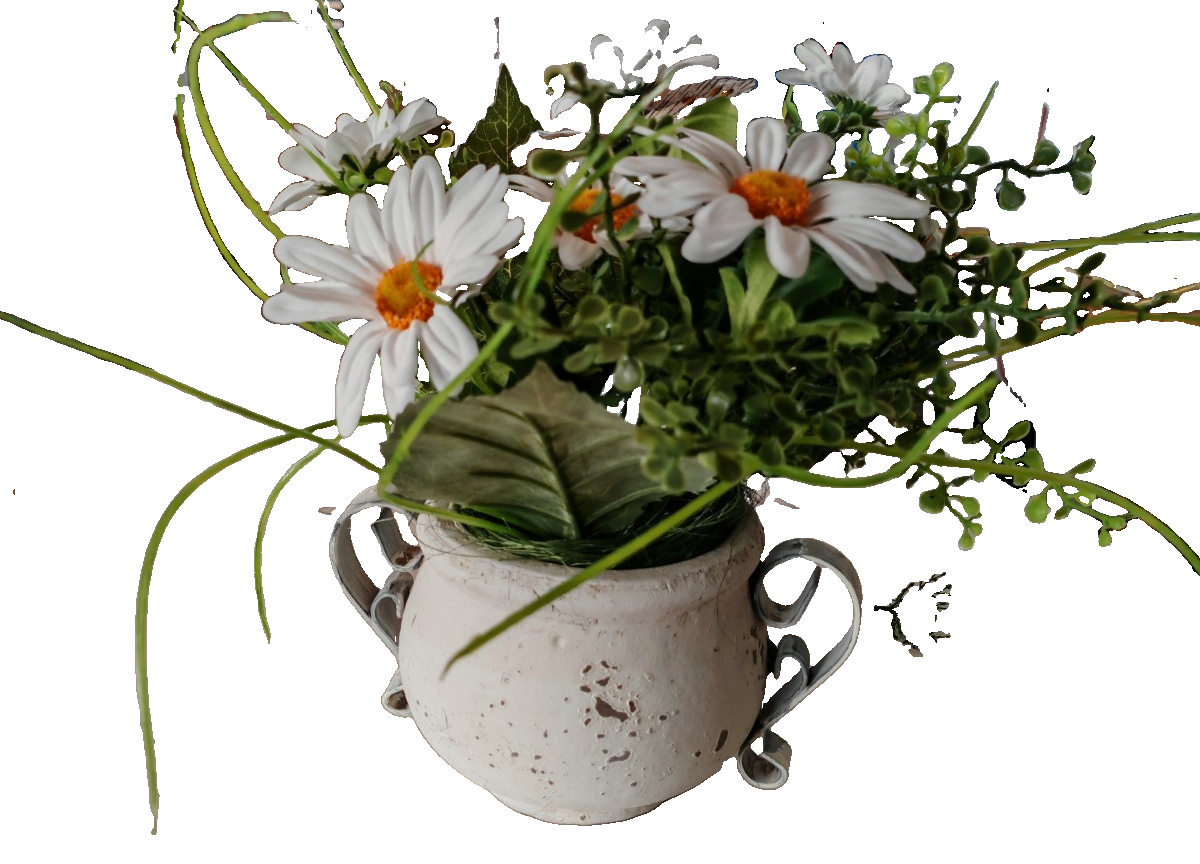 Kunstblumen Gesteck Margeriten im Topf Weiß Grün Tischdeko Schmetterling E7