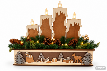 LUMIDA Xmas LED Holzdeko 4 Kerzen Winterszene Gold Fernbedienung Timer 35cm HA33