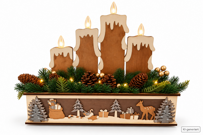 LUMIDA Xmas LED Holzdeko 4 Kerzen Winterszene Gold Fernbedienung Timer 35cm HA33
