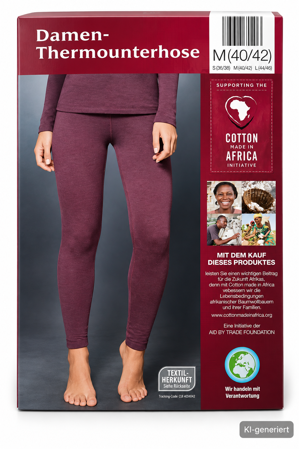 crane Damen Thermounterhose Gr. 40/42 Bordeaux Leggings Baumwolle Lang G3