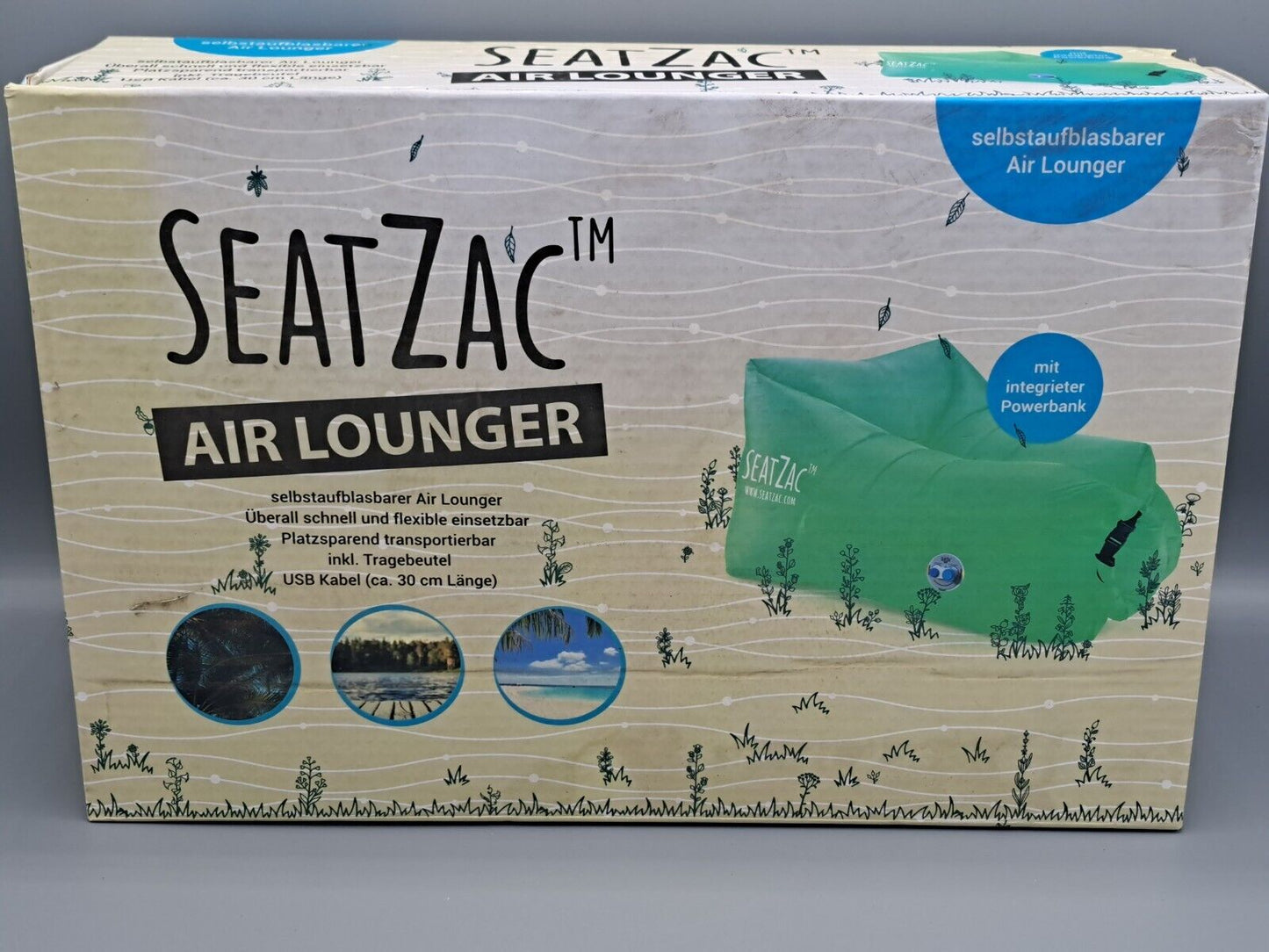 SeatZac Air Lounger, Selbstaufblasbarer Sitzsack, Integrierter Powerbank