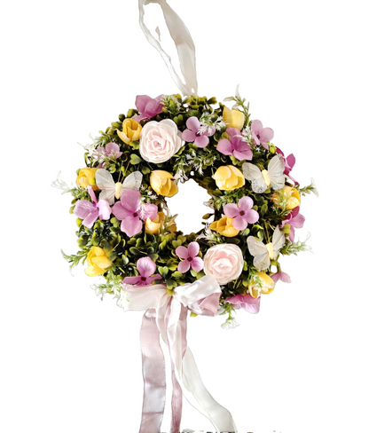 Wandkranz Hortensien Rosa Gelb Blumenkranz Türkranz Schmetterlinge Frühling HA18