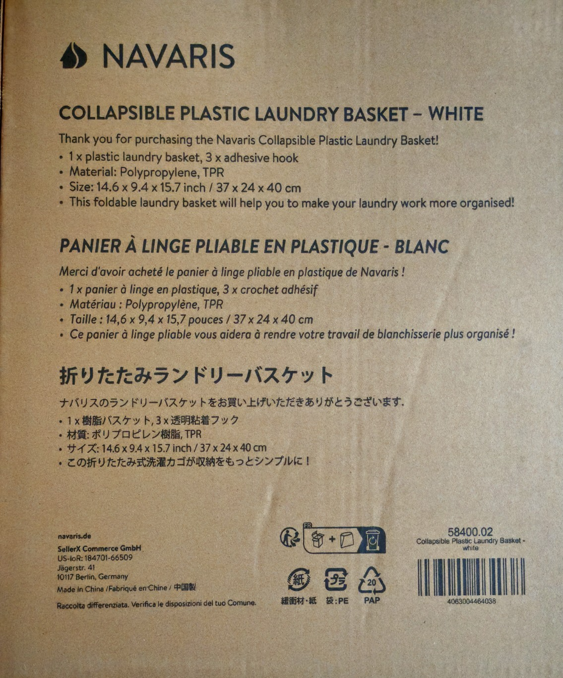 Navaris Wäschekorb 30L Faltbar Weiß Wäschebox Wandmontage 3 Klebehaken Bad HO-A6