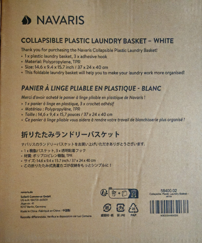 Navaris Wäschekorb 30L Faltbar Weiß Wäschebox Wandmontage 3 Klebehaken Bad HO-A6
