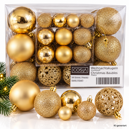 COSIA Weihnachtskugeln 50 Stück Gold Christbaumkugeln Kunststoff Baum HA31