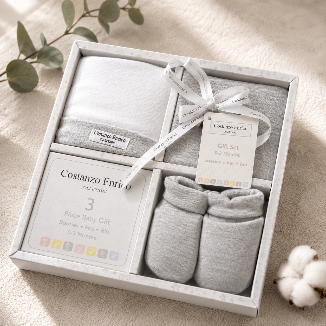 Costanzo Enrico Baby Geschenkset 0-3 Monate Lätzchen Mütze Babyschuhe B8