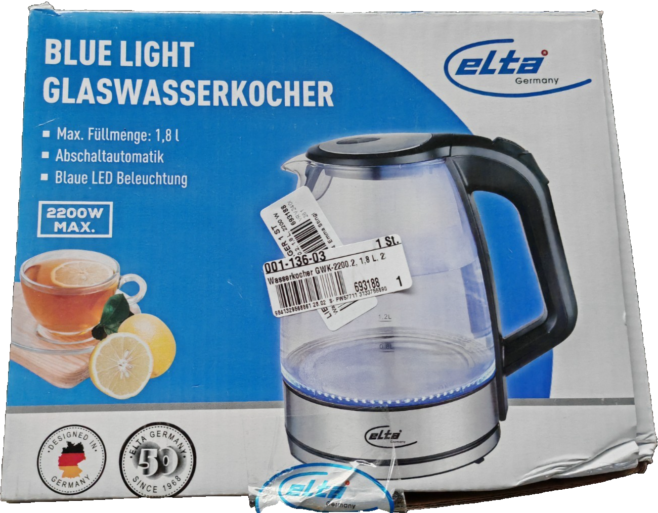 Elta Blue Light Wasserkocher 1,8L LED Beleuchtung Abschaltautomatik