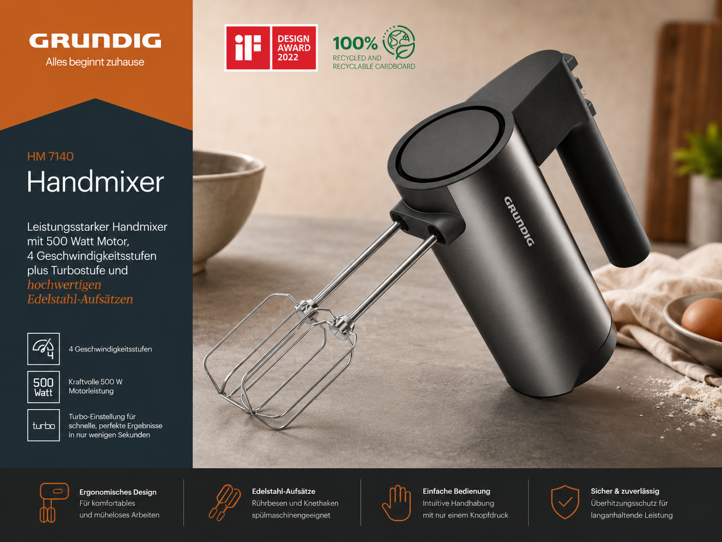 Grundig HM 7140 Handmixer 500W Edelstahl Rührgerät Turbo Knethaken Rührbesen C3