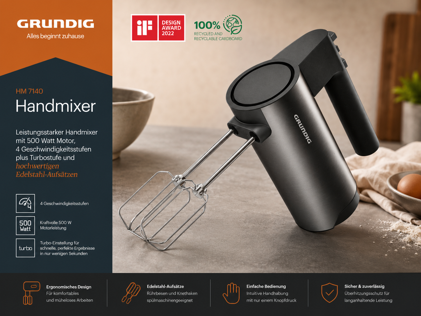 Grundig HM 7140 Handmixer 500W Edelstahl Rührgerät Turbo Knethaken Rührbesen C3