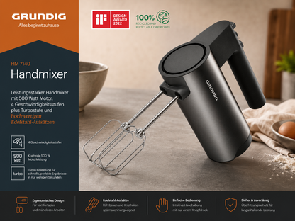 Grundig HM 7140 Handmixer 500W Edelstahl Rührgerät Turbo Knethaken Rührbesen C3