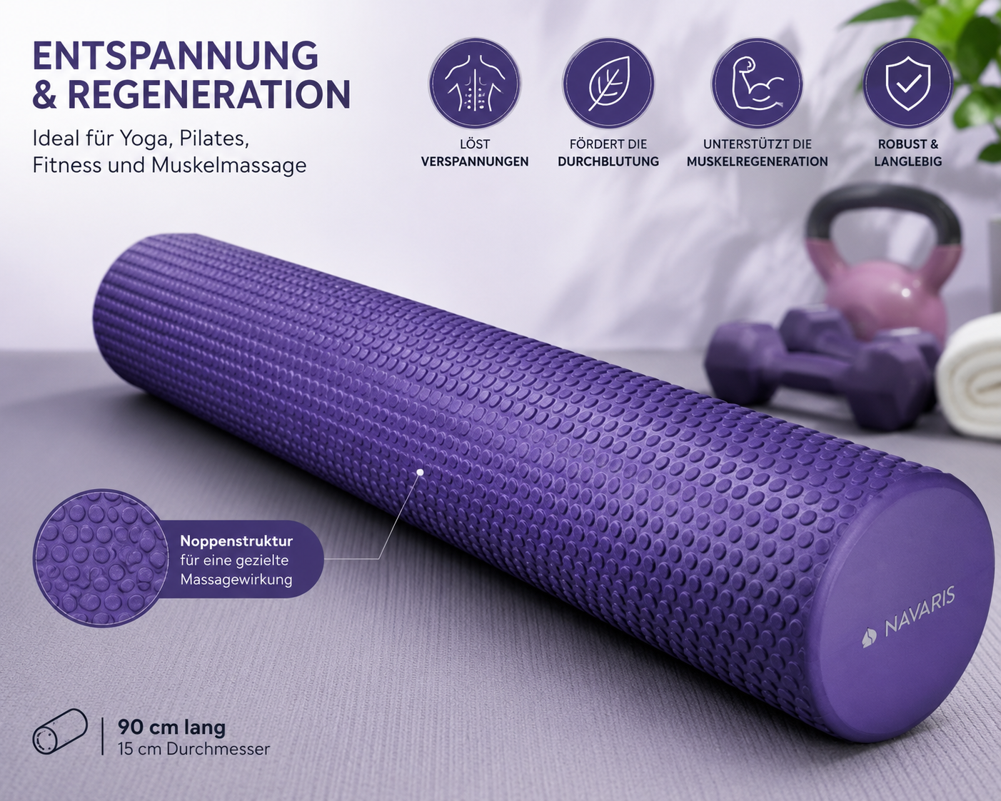 Navaris Pilates Rolle 90cm Faszienrolle Roller Massagerolle Fitness Rücken E3