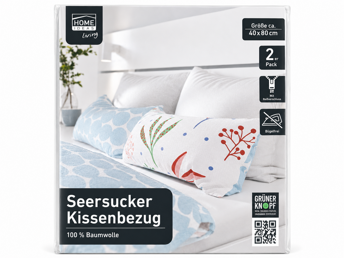 Home Ideas 2x Seersucker Kissenbezug 40x80 cm Baumwolle Reißverschluss Bunt E3