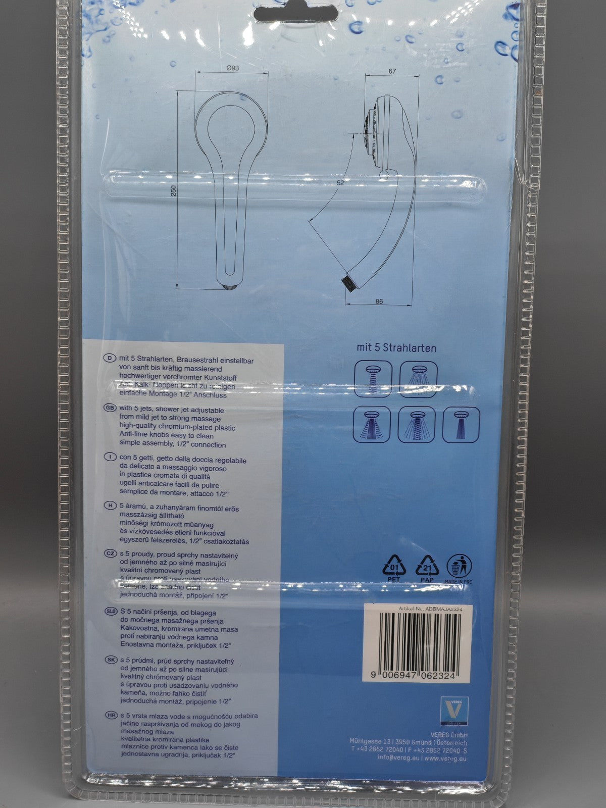 VEROSAN Maja Handbrause Duschkopf Chrom 5 Strahlarten Massage 1/2 Zoll E1